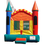 A colorful castle bounce house with two towers.