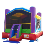 A large inflatable bounce house with slide.