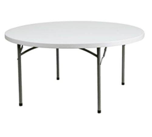 A round table with white top and silver legs.