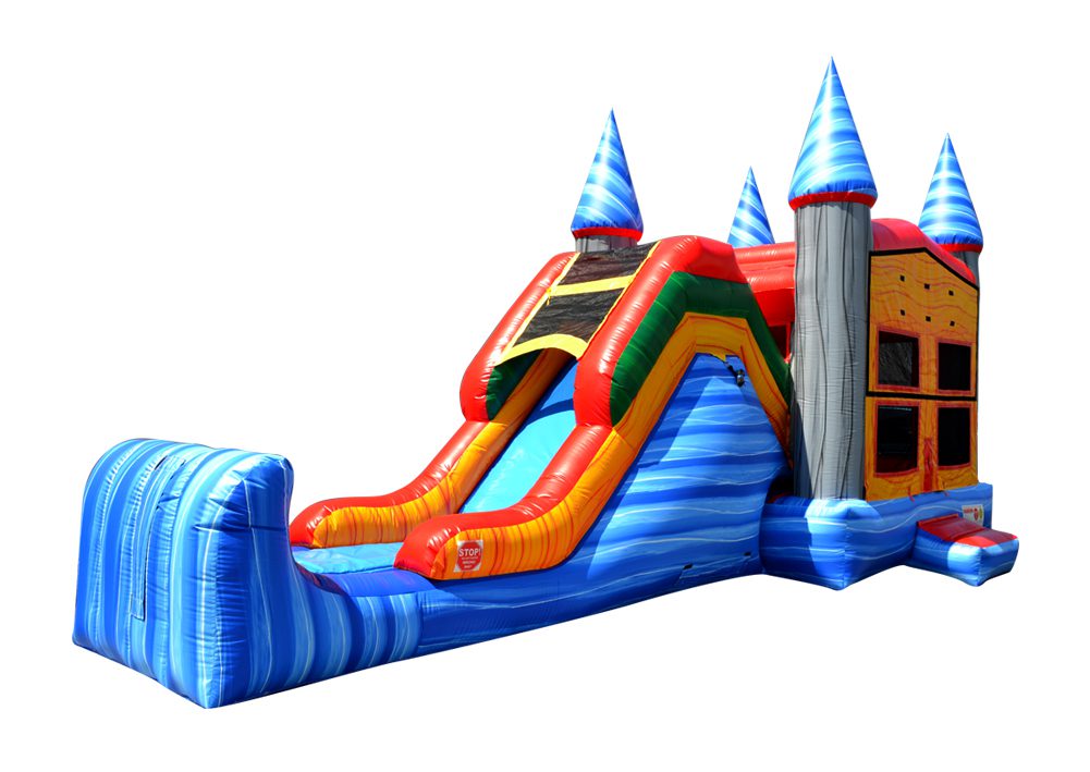 A inflatable slide and bounce house set up to look like a castle.
