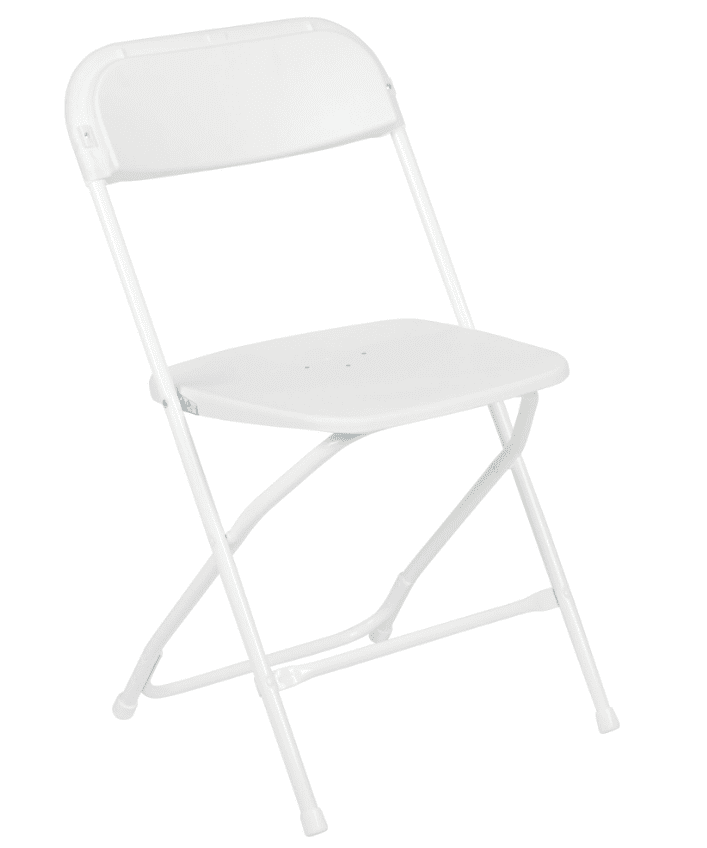 A white plastic folding chair on a white background.