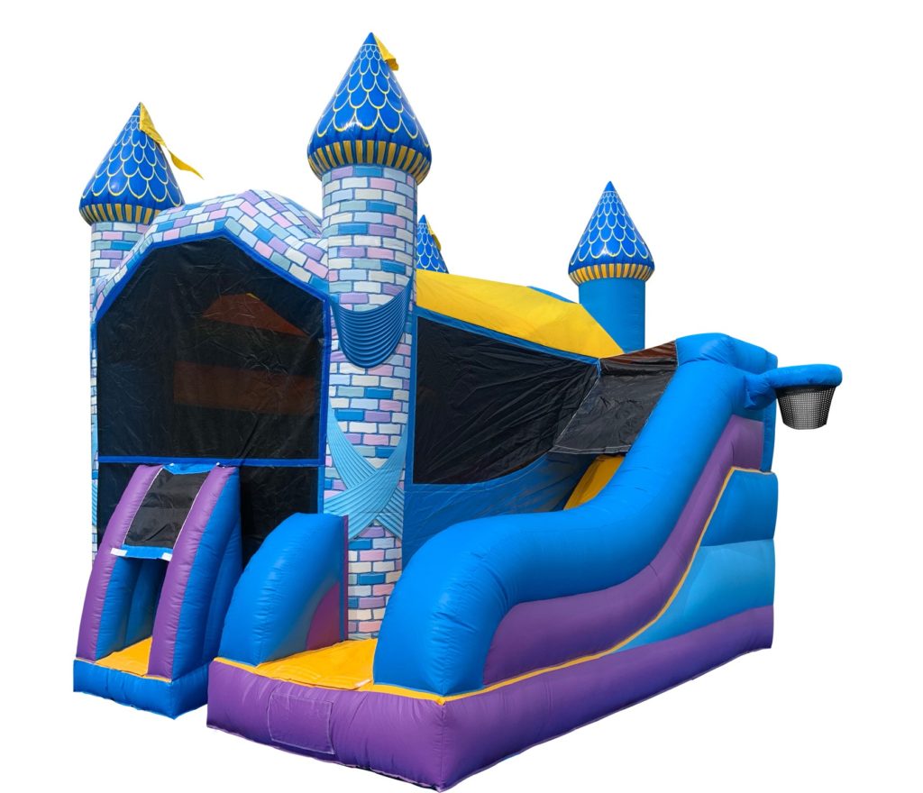 A blue and purple castle with slide.