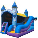 A blue and purple castle with slide.