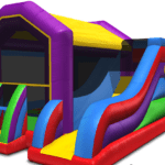 A bouncy house with slide and obstacles.