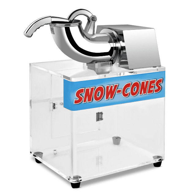 A snow cone machine is shown with the sign on it.