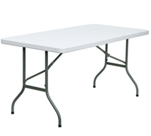 A table with white top and metal legs.